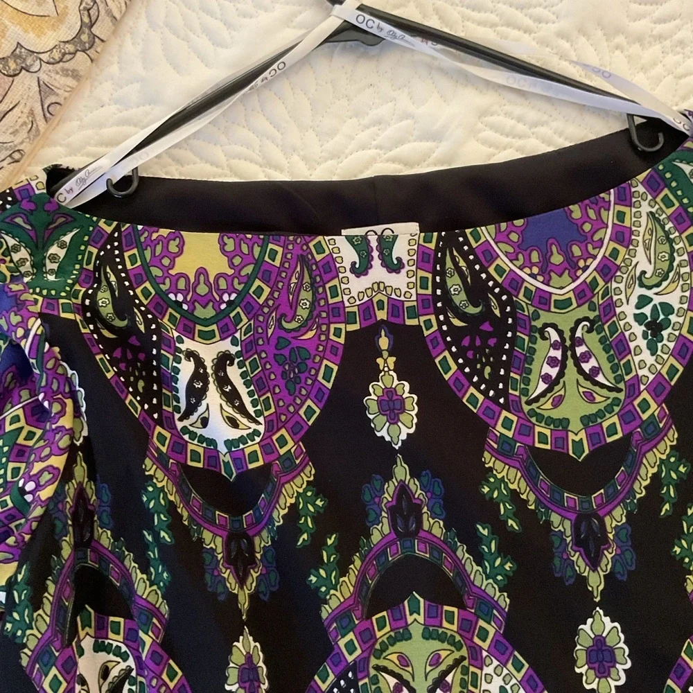 OC by Oleg Cassini Purple, Black & Green Long Sleeve Printed Dress - Picture 3 of 7
